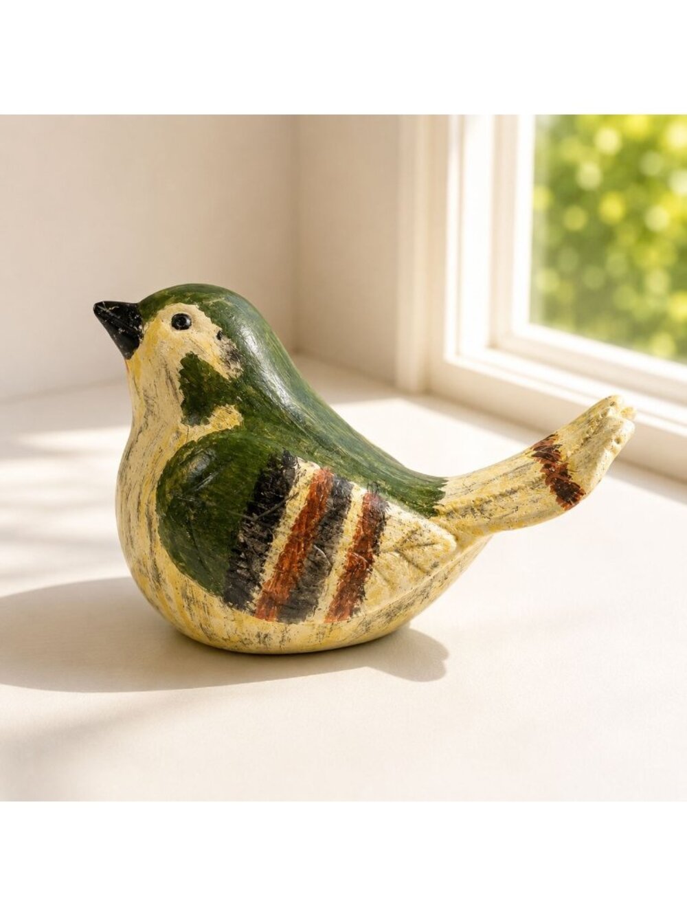 Vintage Hand-Painted Ceramic Bird Figurine Green Yellow Songbird Cottagecore Dec